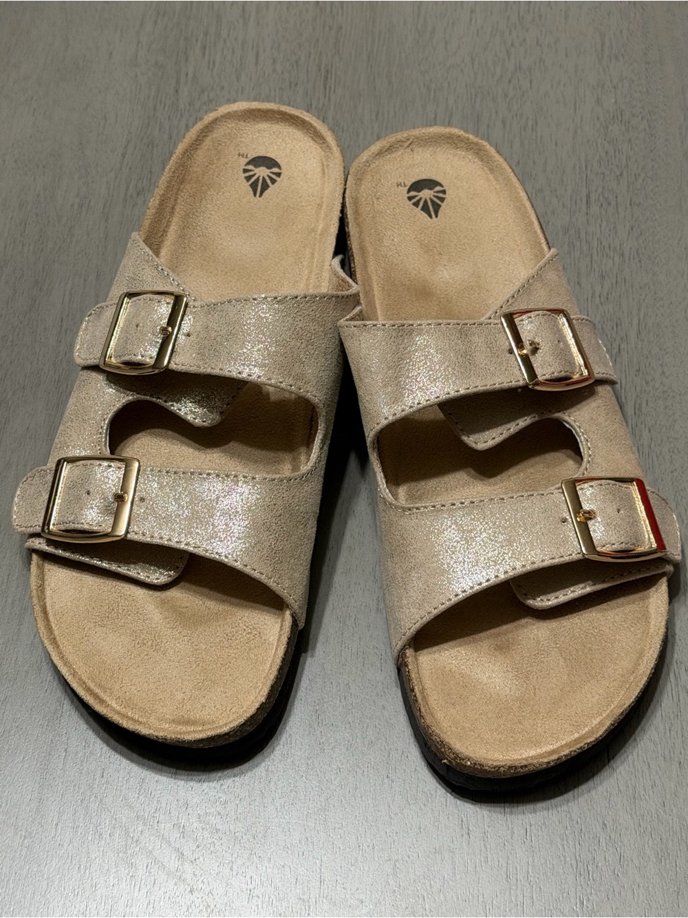 Women's Shimmery Beige Double-Buckle Slide Sandals